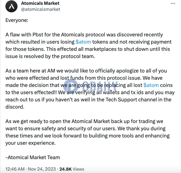 BTC生态：Atomicals协议漏洞，Atomicals Market停摆，ARC-20就此熄火？  第1张