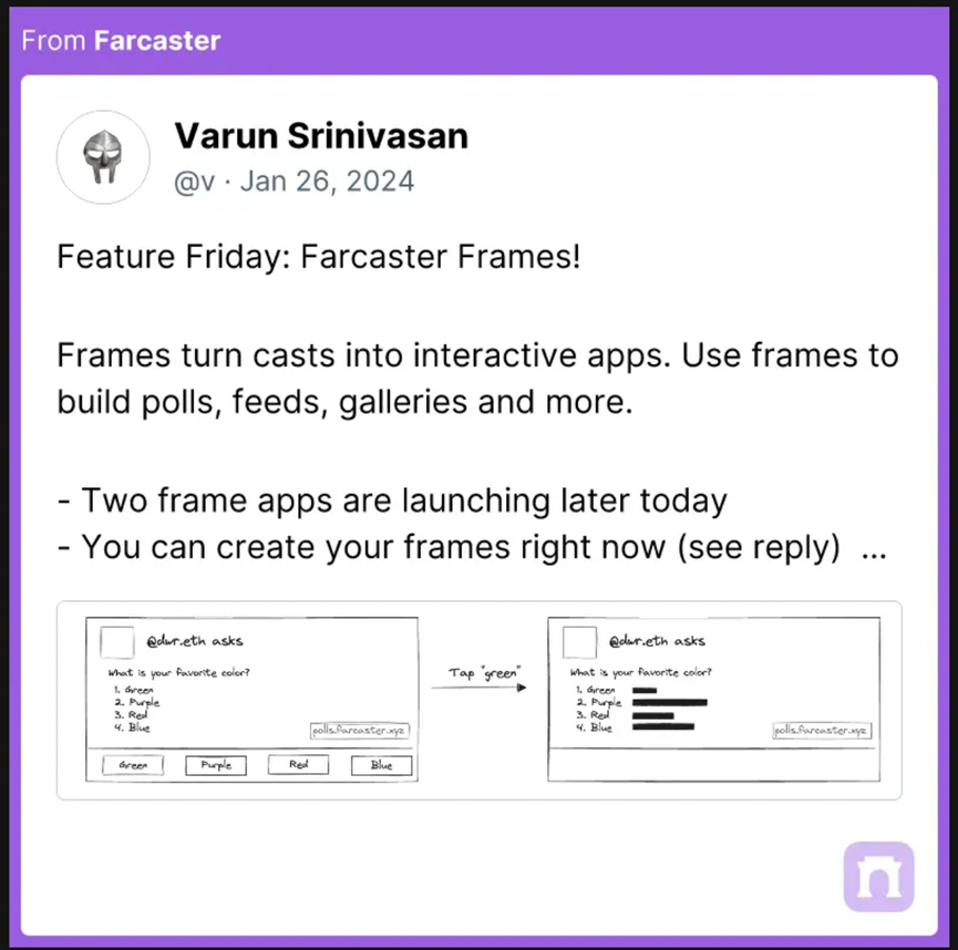 去构建互联网的未来：中心化社交网络 Farcaster 新功能 Frames  第1张