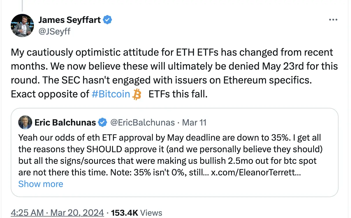 多个审核决议再度推迟，以太坊现货 ETF 被拒已是板上钉钉？  第1张