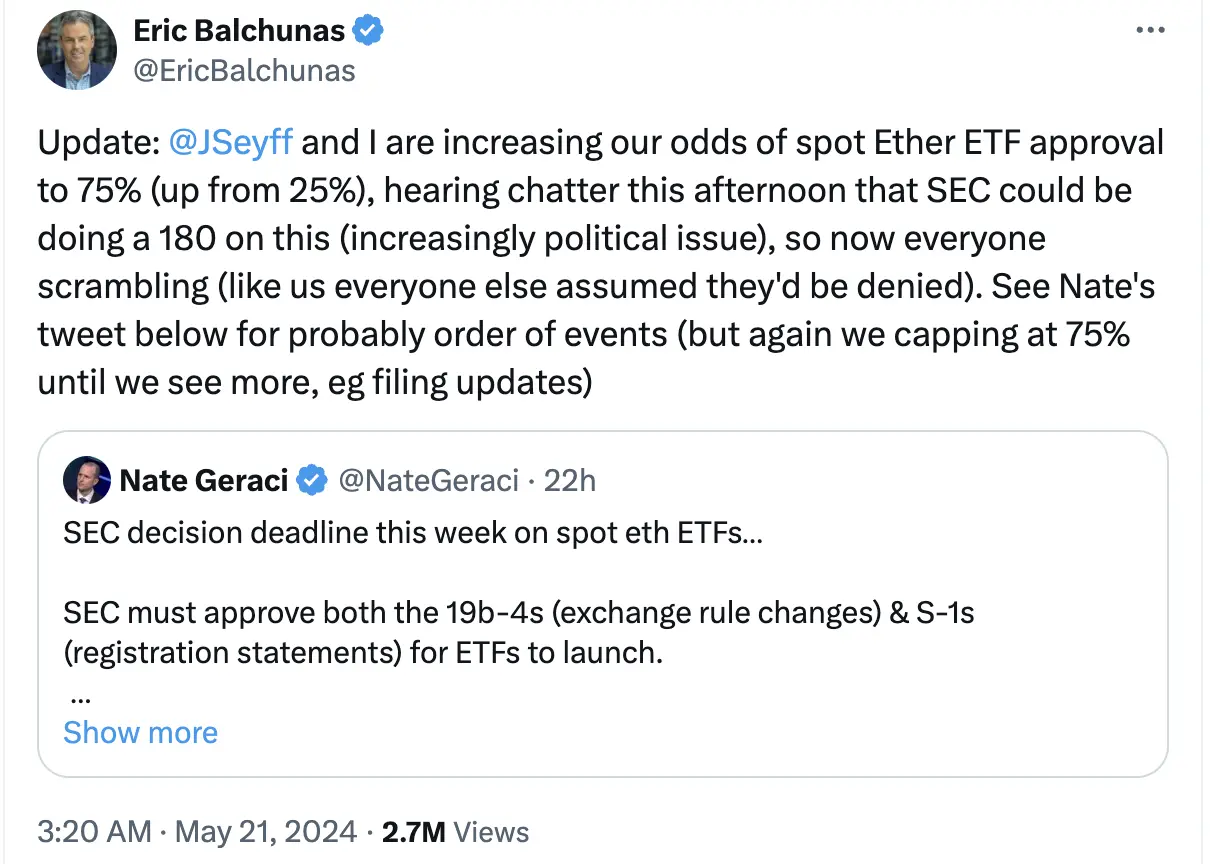 美 SEC 180 度大转弯，以太坊现货 ETF 获批迎来关键时刻