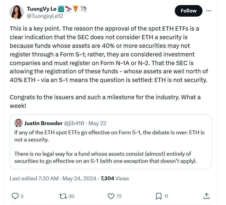 SEC批准现货ETH ETF，意味着ETH以及大量其他代币不是证券