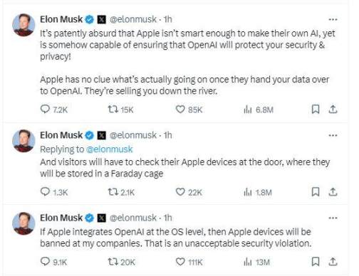 马斯克「碰瓷」WWDC：若在操作系统整合 OpenAI，我的公司将不许使用苹果  第1张