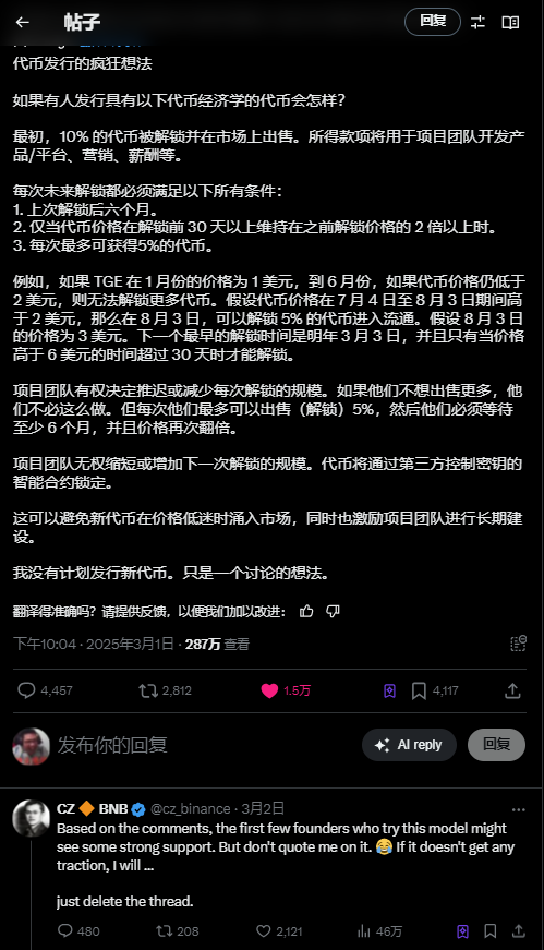 CZ发表基于「价格挂钩解锁机制」的代币经济学--最适合区块链哪类项目？  第1张