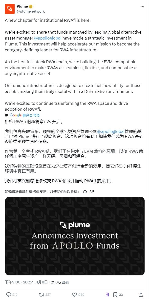 7000亿资管巨头Apollo押注RWA协议Plume Network,代币PLUME接下来会上涨吗? 第1张
