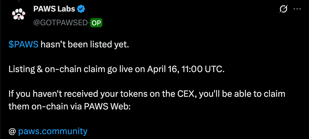 $PAWS代币将于4月16日19:00(UTC+8)支持链上领取  第1张