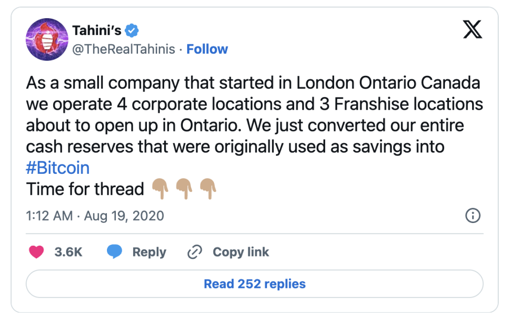 70%比特币储备,加拿大快餐店Tahini's如何硬刚麦当劳? 第1张