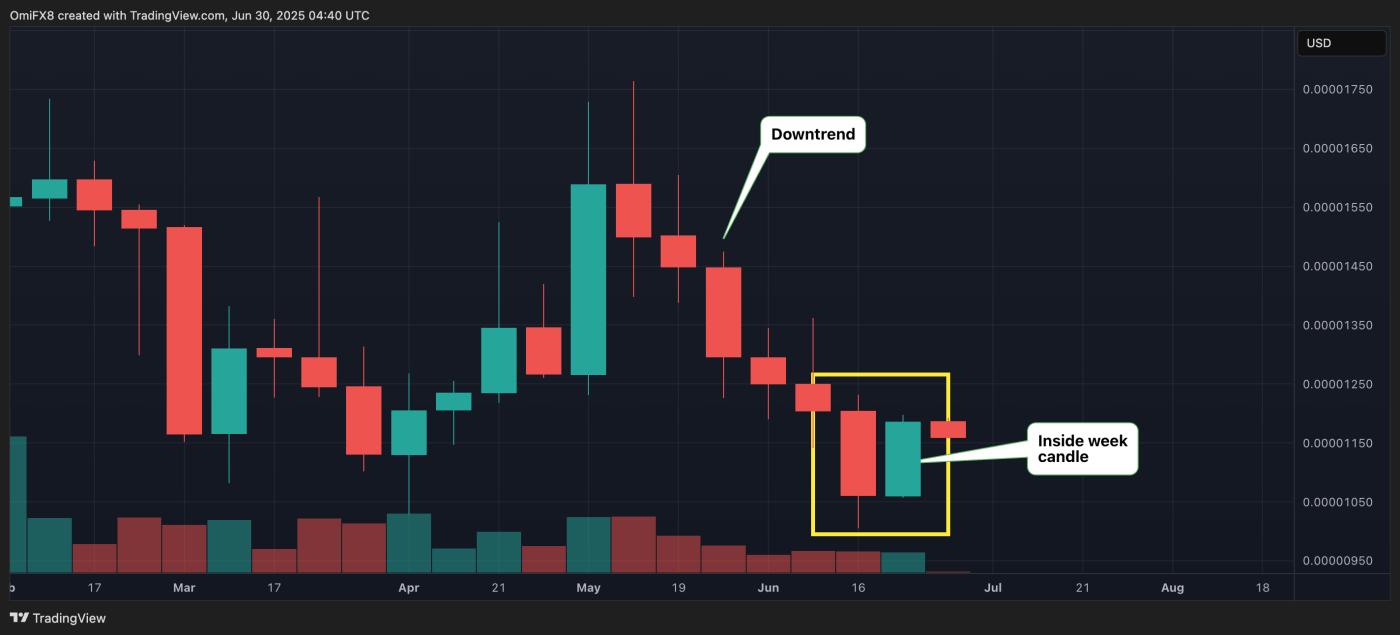 SHIB's weekly price chart. (TradingView/CoinDesk) Shiba Inu巨鲸增持及「内周」K线图为SHIB多头带来希望 第1张