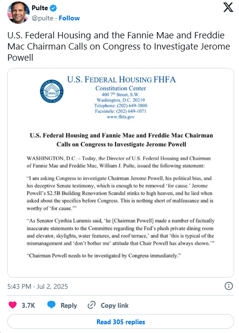 FHFA要求调查鲍威尔对特朗普存有偏见  第2张