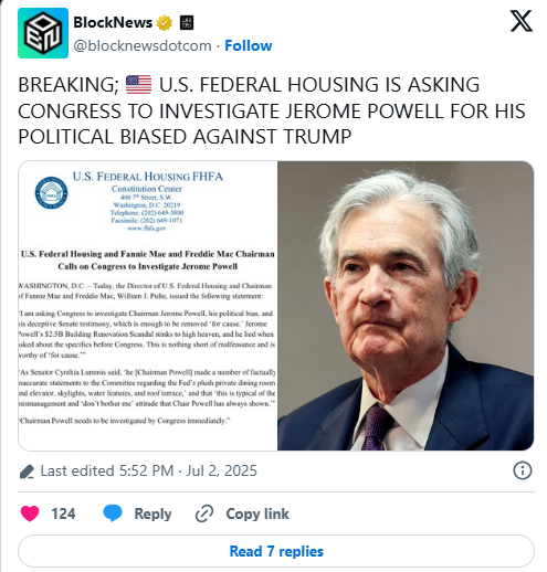 FHFA要求调查鲍威尔对特朗普存有偏见  第1张